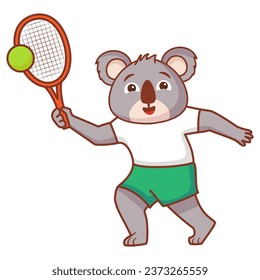 Koala Bär Tennisspieler.Bär mit einer Schlägerennisball Tennis.Cute animal.Lion ist ein Athlet.Einzeln auf weißem Hintergrund.Line Kunst Vektorgrafik.Sport Tennisspieler Training.