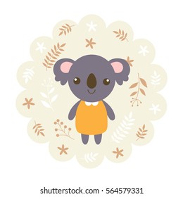 koala bear. vector illustration cartoon, mascot. funny and lovely design. cute animal on a floral background. little animal in the children's book character style.