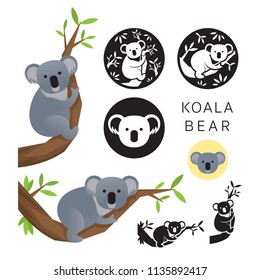 Koala Bear Vector Set, On The Tree, Silhouette And Icon