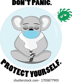koala bear. virus. do not panic. protect yourself from respiratory infection. face mask.