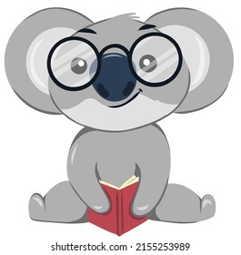 Koala bear wearing glasses and reading a book. Anthropomorphized koala sitting and smiling.