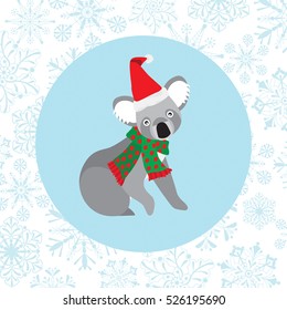 Koala bear wearing Santa hat on snowflake background. Animal cartoon for Christmas time. 
