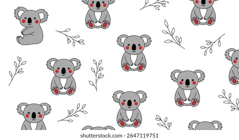 Koala Bears Animals Seamless Pattern Hand Drawn with Floral Elements Cute Wildlife Background