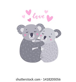 Koala bears hugging couple on white background. Vector animal illustration with bear family