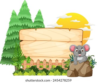 Koala beside a blank wooden sign in forest