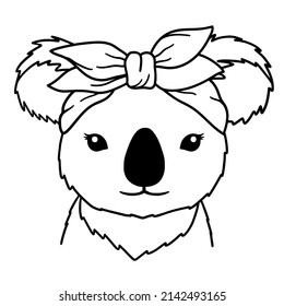 Koala black and white hand drawn portrait. Koala with bandana. Koala face in line.  Cute muzzle Koala. Good for posters, t shirts, postcards.
