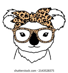 Koala black and white hand drawn portrait. Koala with Leopard Bandana and glasses. Koala face in line.  Cute muzzle Koala. Good for posters, t shirts, postcards.