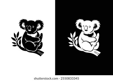 Ícone de logotipo preto branco Koala ilustração vetorial de design. Koala está dormindo em uma ilustração do contorno de uma árvore de eucalipto.