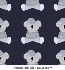Koala in blue pajamas. seamless pattern. Decorative wallpaper for the nursery in the Scandinavian style. Vector. Suitable for children's clothing, interior design, packaging, printing