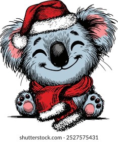 Koala breed in red hat of Santa Claus, Funny Christmas Animal, Animal Christmas Winter Holiday , Cute Christmas Animal