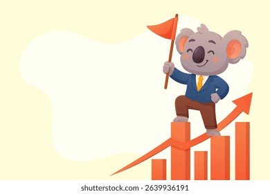 koala in business attire standing proudly on a bar chart with a rising arrow, symbolizing success and growth. 