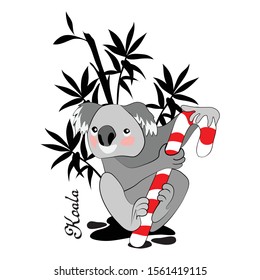 Koala with candy in its paws against the background of echalyptus leaves, lettering, on a white background. Printing on t-shirts, designer cards, flyers.