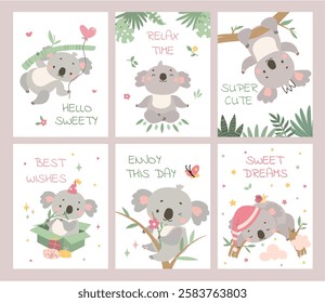 Koala cards design. Posters with positive inscription and koalas in different poses. Card for birthday, cartoon covers templates, nowaday vector set