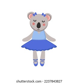 Koala cartoon character as ballerina in blue tutu skirt. Cute comic animal dancing vector illustration. Ballet, fashion concept for kids or little girls