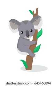 Koala cartoon character. Cute koala on eucalyptus branch flat vector isolated on white. Australian fauna. Koala icon. Animal illustration for zoo ad, nature concept, children book illustrating