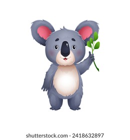 Koala cartoon character with eucalyptus branch, happy smiling Australian bear, vector baby animal. Cheerful cute koala with smile and eucalyptus leaves in paw for kid mascot or Australia zoo