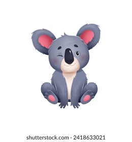 Koala cartoon character happy winking, cute baby animal or Australian bear, isolated vector. Cheerful koala with smile and blinking eye sitting for kid mascot or Australia zoo art character
