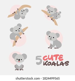 Koala cartoon character.Simple animal cute vector illustration in several posing.