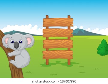 Koala cartoon with wooden sign