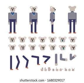 Koala character in grey jersey and dark blue pants creation set. Create your own pose, action, animation. Flat design vector illustration