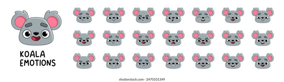 Koala character head set. Stickers mascot with different emotions. Vector cute character animal, pet