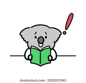 Koala character sitting and reading a book.