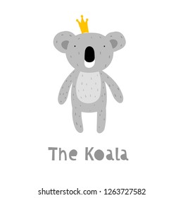 Koala Character Staying with Crown. An Animal in Cute Trendy Modern Cartoon Childish Style. Perfect for Print, Web, App or Any Digital Design Manipulation.