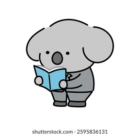 A koala character in a suit standing and reading a book.