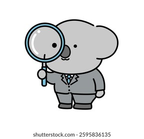 A koala character in a suit using a magnifying glass.