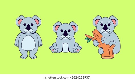 Koala character three character, each in a unique pose standing, sitting, and hugging a tree branch cartoon vector hand drawn illustration