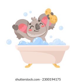 Lavado de caracteres y baño de Koala en la bañera seguir la ilustración de un vector de regla de higiene