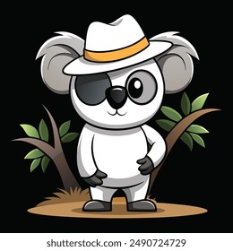 The koala character is wearing a white cowboy hat.on top of the tree
It is also sporting a pair of black sunglasses.
The koala has an anthropomorphic appearance, with arms and legs.