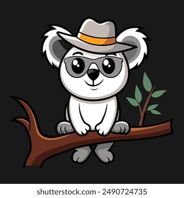 The koala character is wearing a white cowboy hat.on top of the tree
It is also sporting a pair of black sunglasses.
The koala has an anthropomorphic appearance, with arms and legs.