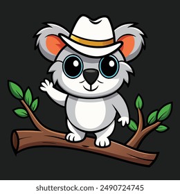 The koala character is wearing a white cowboy hat.on top of the tree
It is also sporting a pair of black sunglasses.
The koala has an anthropomorphic appearance, with arms and legs.