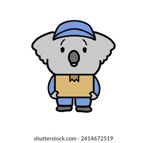 Koala character wearing work clothes holding cardboard.