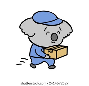 Koala Charakter mit Arbeitskleidung lächeln und Karton tragen.