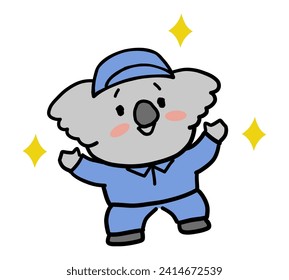 A koala character wearing work clothes who is happy with his arms raised.