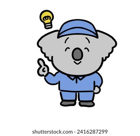 Un personaje koala vestido con ropa de trabajo resuelve los problemas. (visto desde el frente)