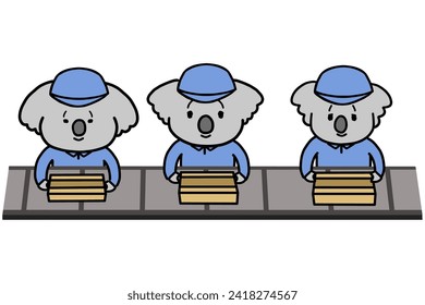 Koala-Figuren, die in einer Fabrik arbeiten.