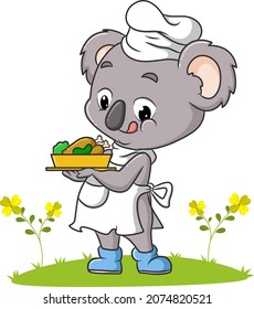 El chef koala sirve un pollo en el jardín de la ilustración