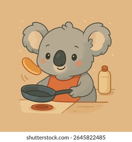 Coala Chef's Pancake Delight: Um charmoso chef de coala joga uma panqueca dourada em uma cena de cozinha caprichosa, exalando calor e diversão culinária.