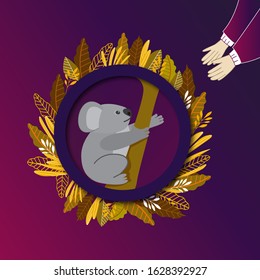 Koala in the circle of burning leaves  and a man saving him. Multicolored leaves. Vector
