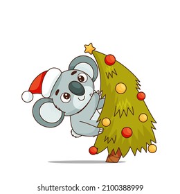 Koala climbed onto the Christmas tree. A kid in a santa hat reaches for a star. Postcard in children's cartoon style. Vector illustration for designs, prints and patterns.