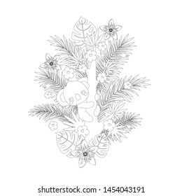 Koala climbing on a floral tree. Cute cartoon vector coloring page