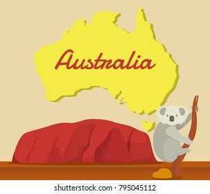 Koala climbing tree with Australia map for traveling