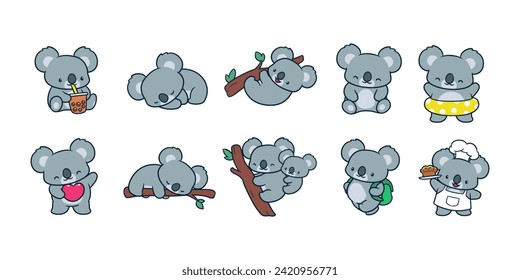 Koala Clipart, Cute Animal Set. cute koala illustration vector image. perfect for Stickers, Prints for Clothing, Coloring Pages.