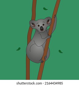Koala. Color vector illustration. The animal embraced the dry eucalyptus trunk. Teddy bear from Australia. Green leaves fall to the ground. Isolated green background. Cartoon style. 