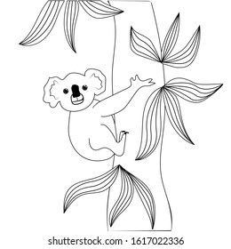 Koala coloring book. A funny koala bear is hanging on a tree. Eucalyptus branches. Animals of Australia Vector illustration.