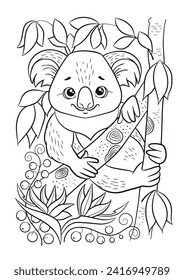 Koala coloring page. Jungle illustration. Animals vector. Koala cartoon.