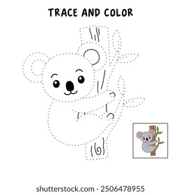 Koala coloring pages for kids. Trace and color koala. Coloring page outline of koala. Koala tracing worksheet. Kindergarten and preschool activity. Animal tracing worksheet for kids preschool.